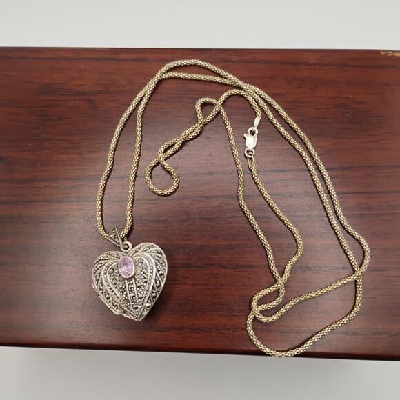Locket with Marcasite and Pink CZ in Sterling Silver on a 28-in Danecraft Chain - Picture 4 of 7